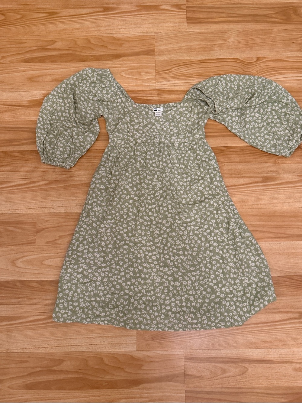 Billabong Floral Puff Sleeve Square Neck Mini Dress Sage Green Size XS